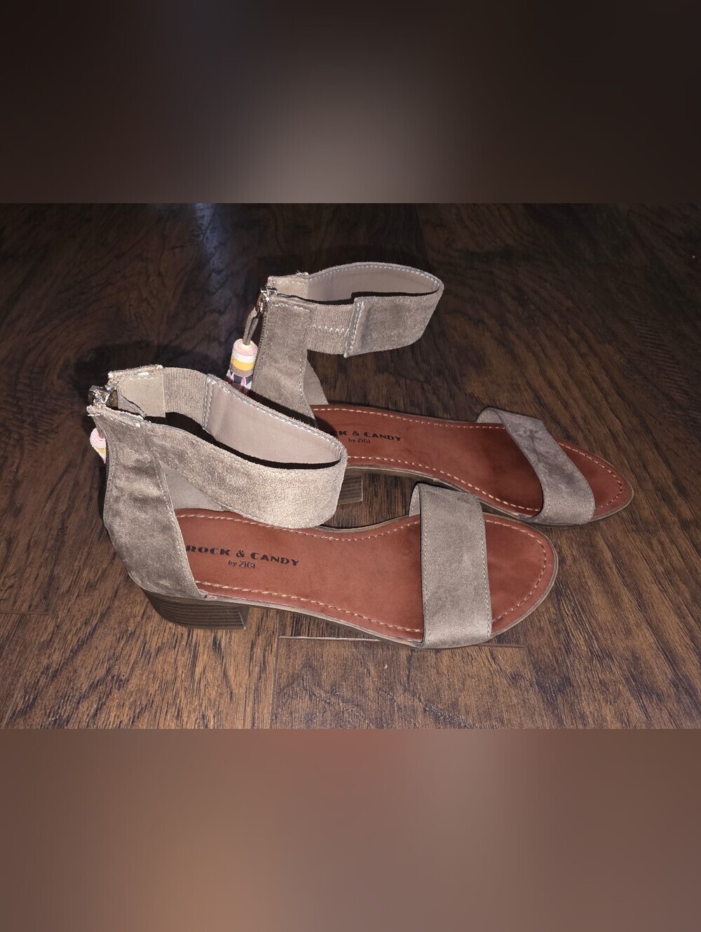 Rock & Candy By Zigi Taupe Suede Ankle Strap Block Heel Sandals